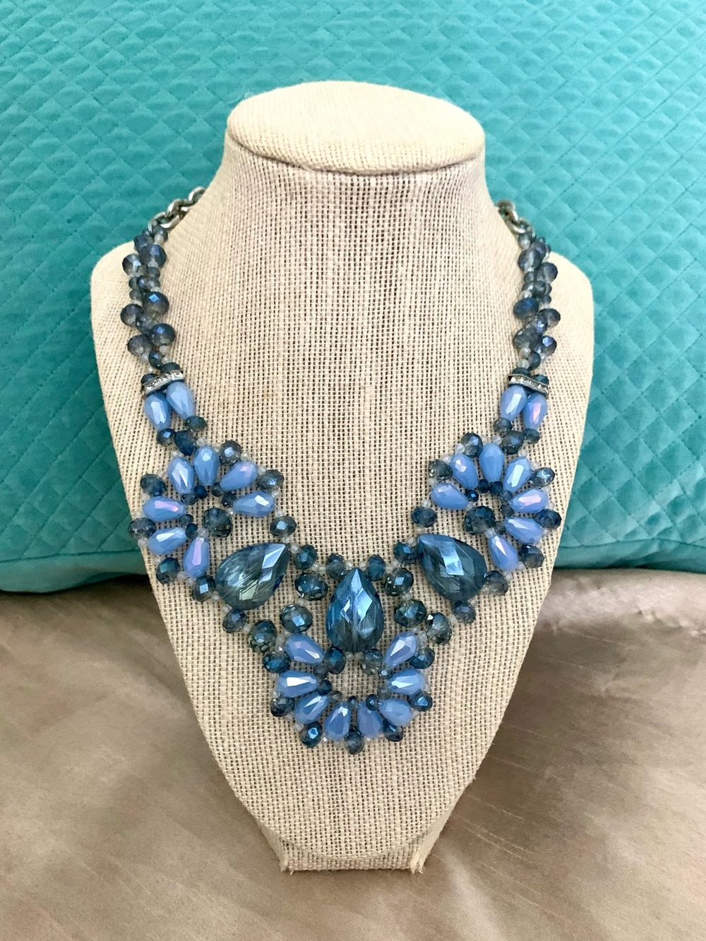 Vintage Glass like Beaded Blue Crystal Floral Bib Necklace